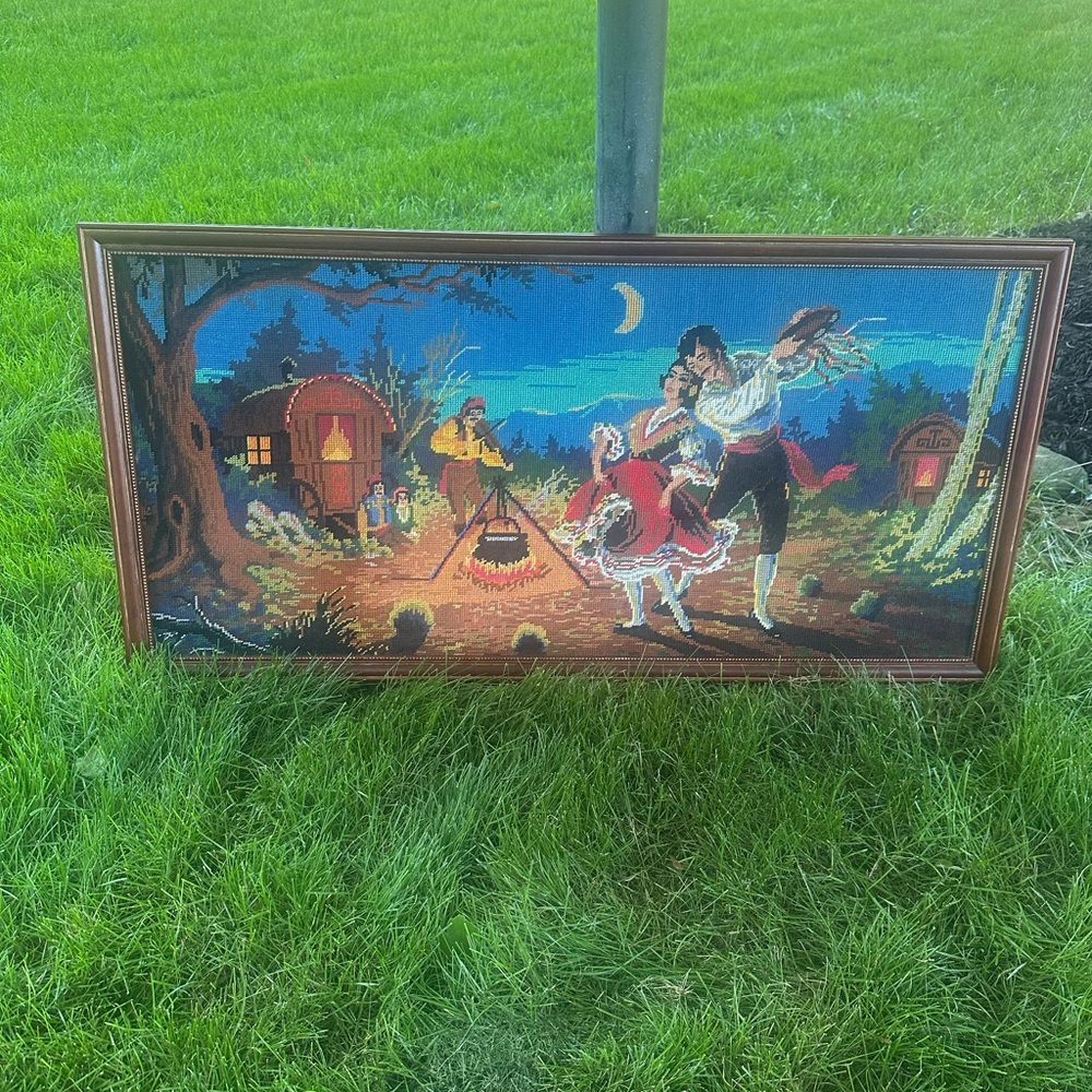 Needlepoint Romani Dance Scene Framed Tapestry
